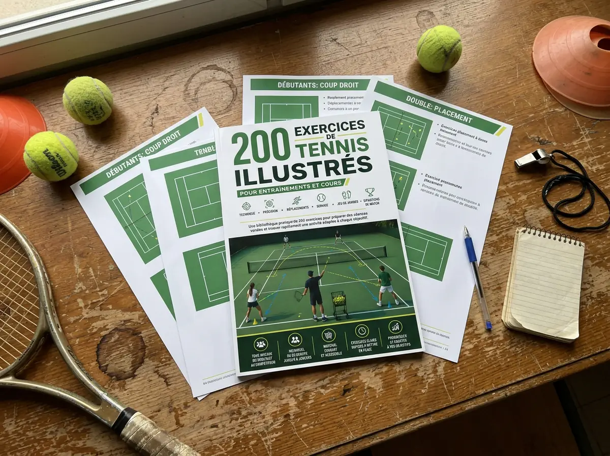Guide de 200 exercices de tennis imprimé sur une table
